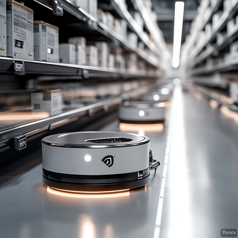 A warehouse or storage facility with rows of shelves stocked with boxes and containers, employing robots for automation.