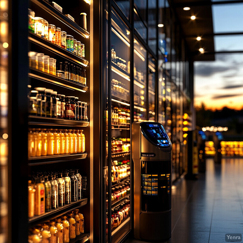 A modern indoor setting with refrigerated glass doors stocked with beverages and silver-colored robots for inventory management or customer service.