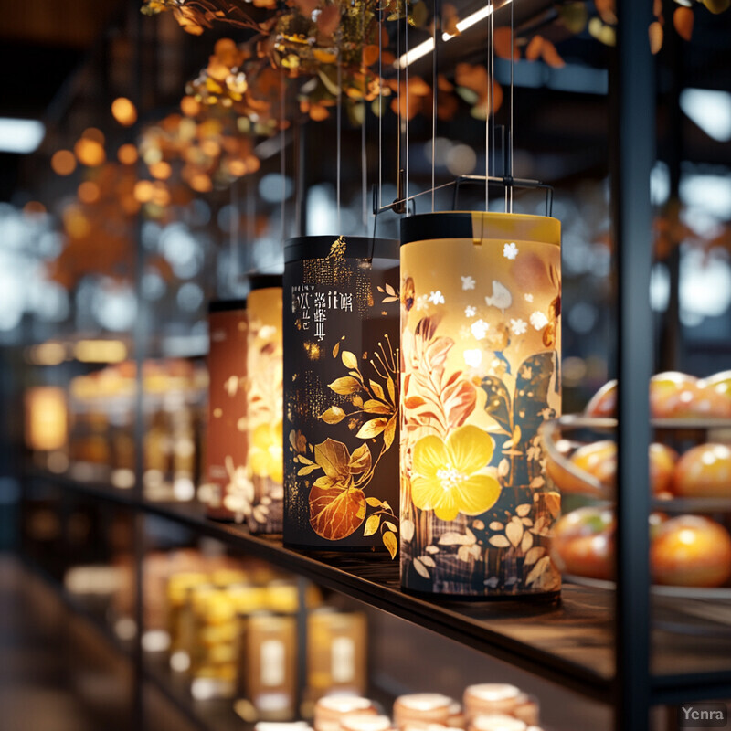 A row of lanterns suspended from the ceiling in an indoor setting.