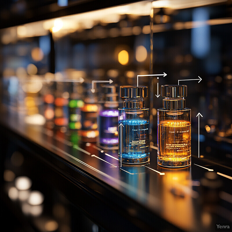 A row of glass bottles containing liquids in various colors are displayed on a shelf or counter within a retail store.