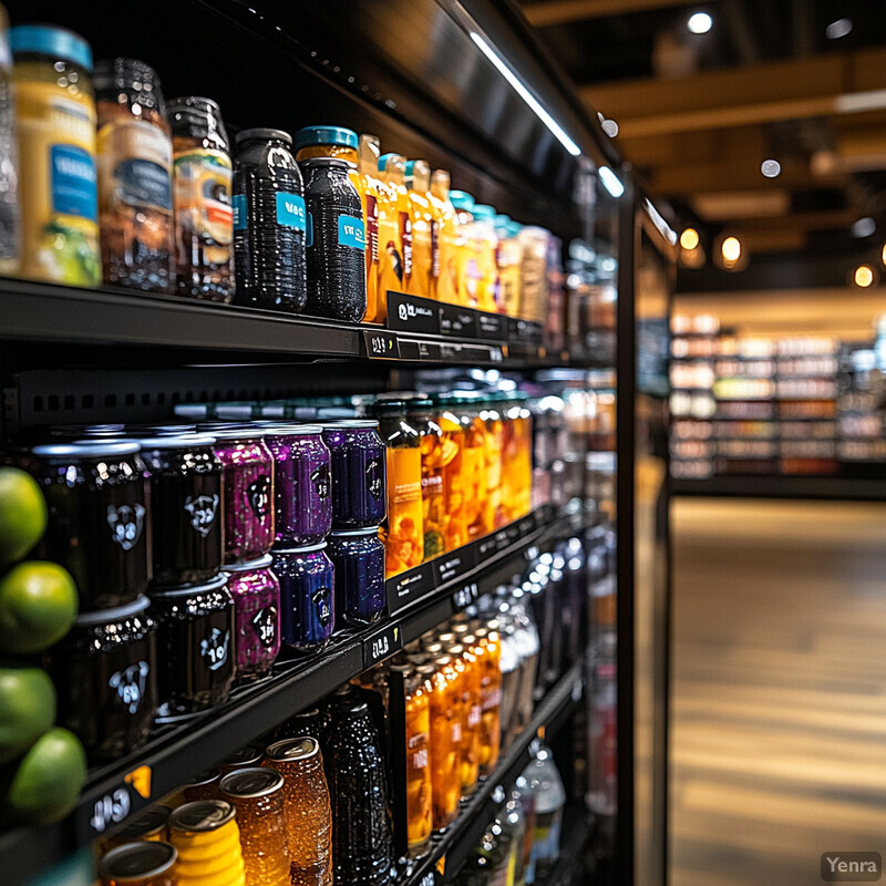 A well-stocked grocery store refrigerated section with various beverages and food items.