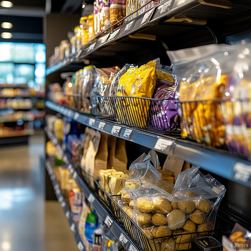 A grocery store with neatly arranged shelves stocked with various food items.