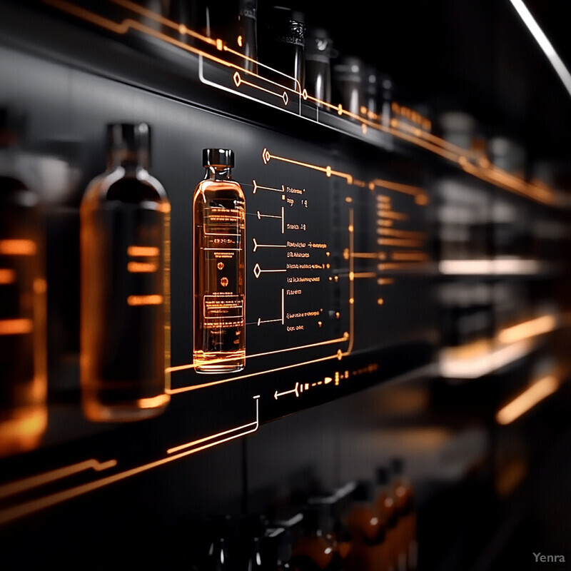 A collection of bottles on shelves with an illuminated screen providing information about them.