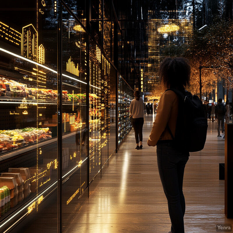 A futuristic-looking store with glass walls and ceilings, stocked with various products.