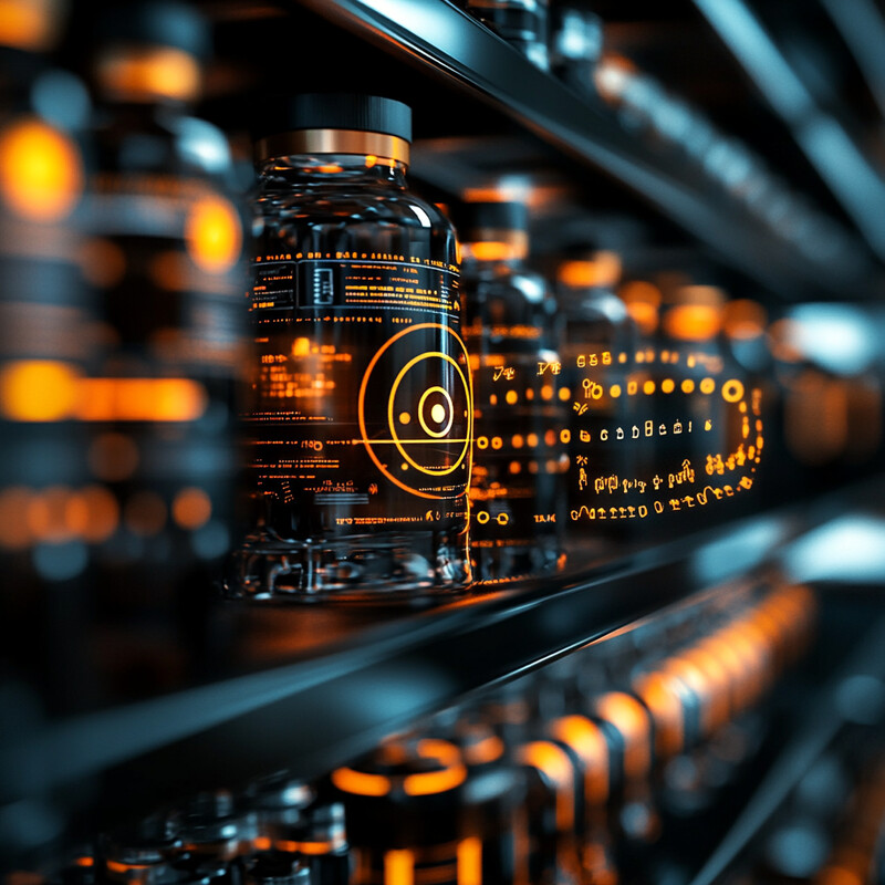 A collection of identical glass bottles with black caps arranged on shelves in a storage room or warehouse.