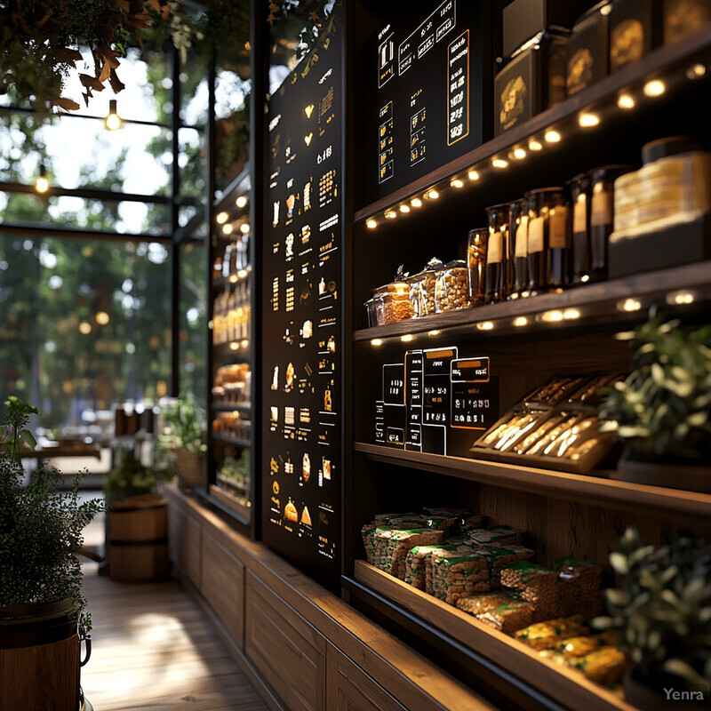 A cozy cafe or restaurant with a large window, plants, and a blackboard displaying products.