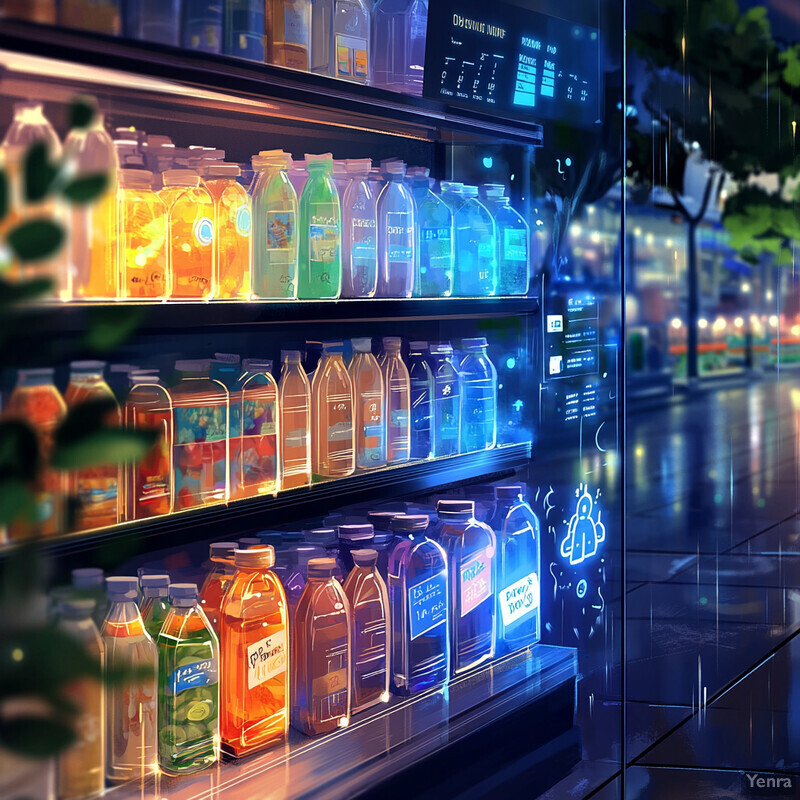 A vending machine stocked with various bottles of juice or soda is situated on a city street at night.