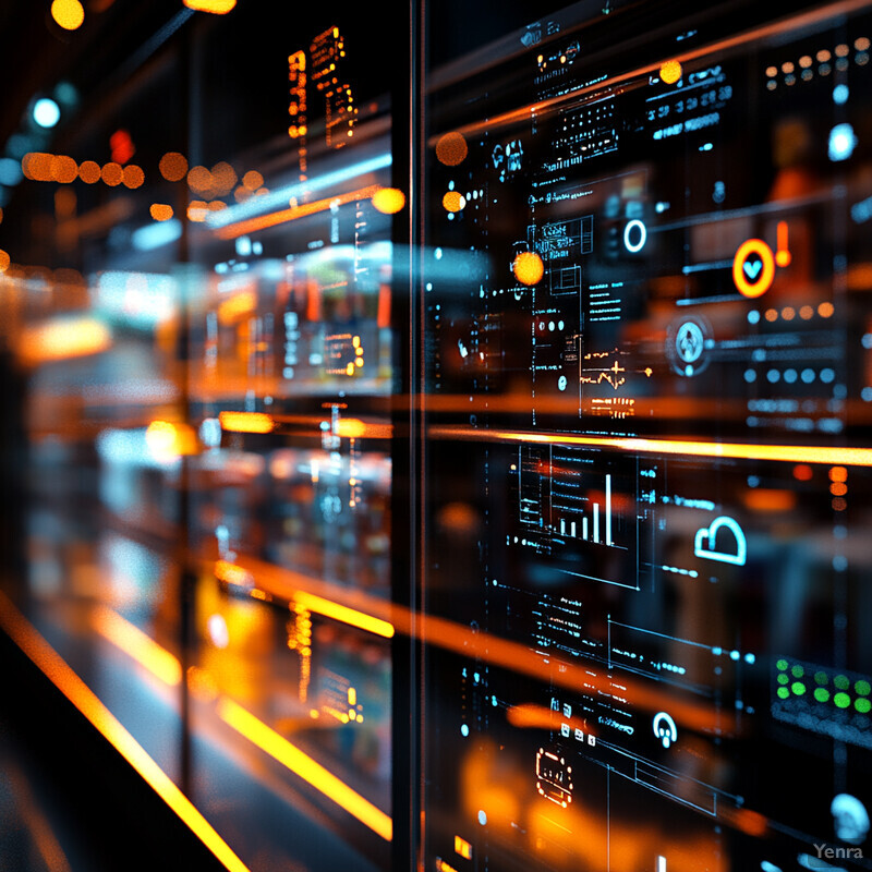 A large screen displaying various graphs and charts related to business or financial performance.