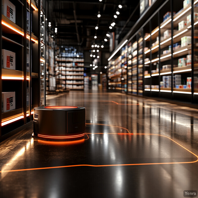 A dimly lit warehouse with rows of shelves and a robot moving along the floor, illuminated by orange lights.