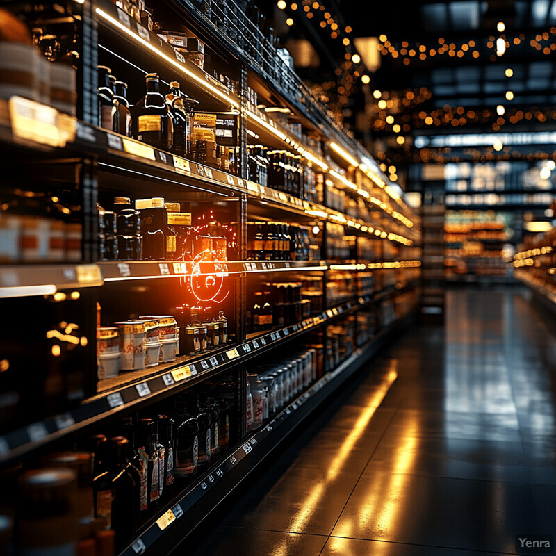 A dimly lit grocery store aisle with rows of shelves stocked with various products.