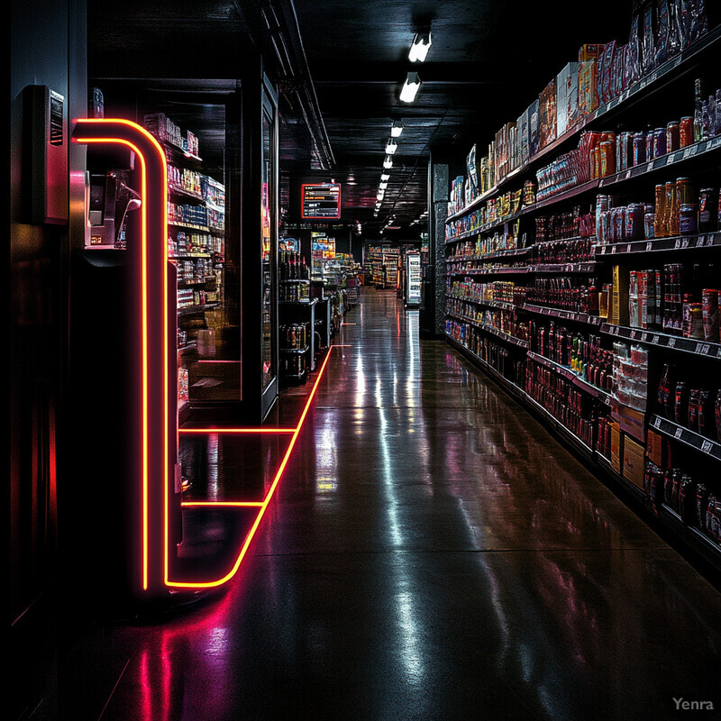 A dimly lit grocery store aisle with shelves stocked with various products.