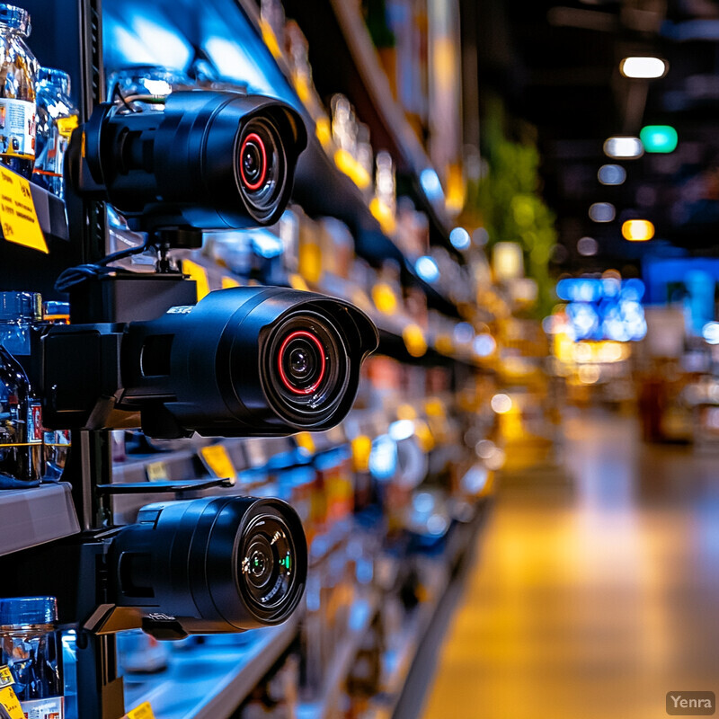 Three black security cameras mounted on shelves in an electronics store.