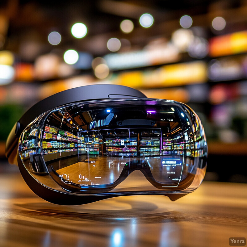 A virtual reality headset sits on a wooden table in an office or warehouse setting.