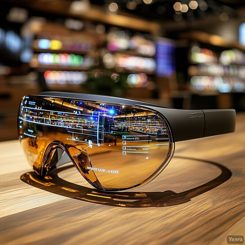 Futuristic glasses with amber lenses and black frame on a light-colored wooden table in front of a blurred store background.