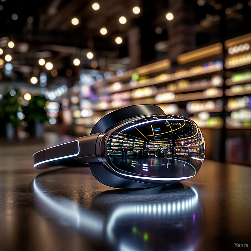 A sleek and modern headset with a reflective black surface is showcased in a blurred background of shelves stocked with various items.