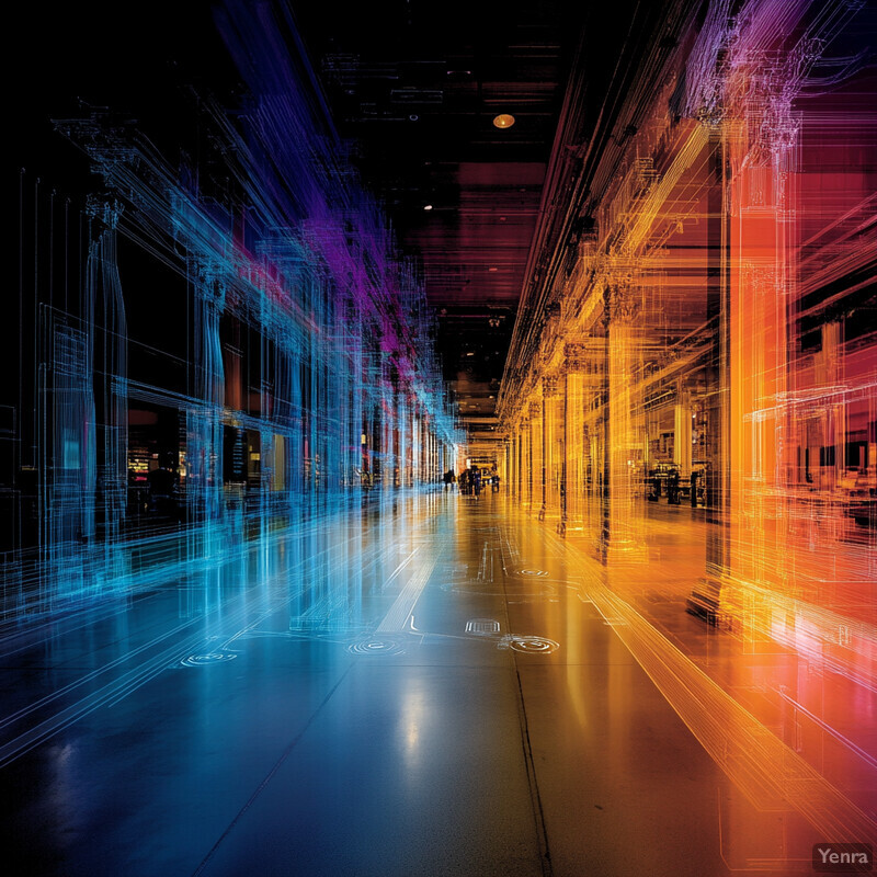 An empty corridor with a high ceiling and fluorescent lights.