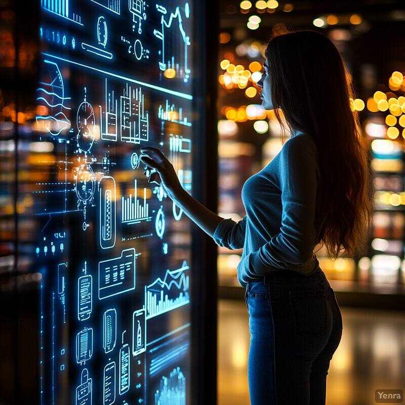 A woman is interacting with a large screen displaying graphs and charts in an office or conference room setting.