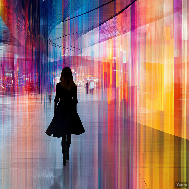 A woman walks through a hallway with vibrant, colorful walls and ceiling.