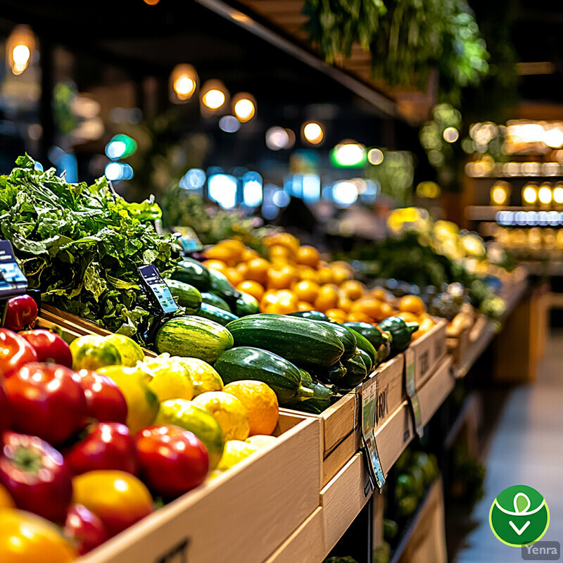 A grocery store produce section with a variety of fruits and vegetables in wooden crates.