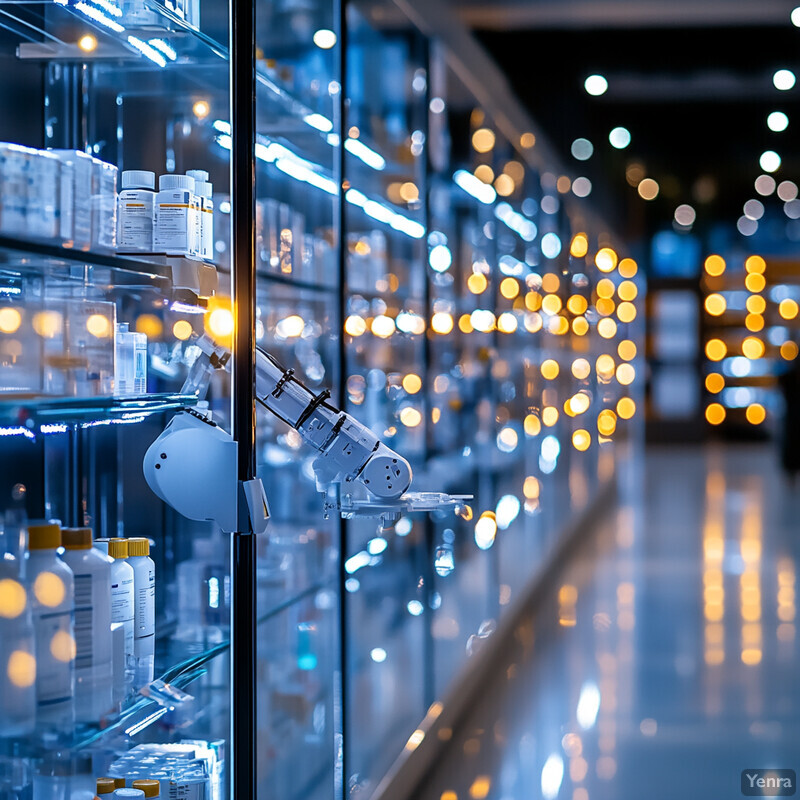 A laboratory or medical facility with glass shelves and cabinets filled with various containers and equipment.