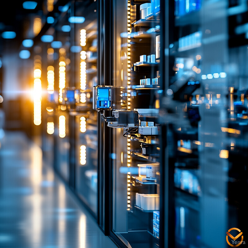 A large server room with rows of servers and network equipment, illuminated by bright lights overhead.