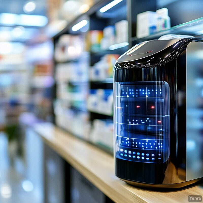 A black device with a blue-lit screen sits on a shelf in an electronics store.