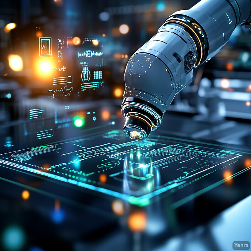 A robotic arm examines a holographic display in a futuristic laboratory.