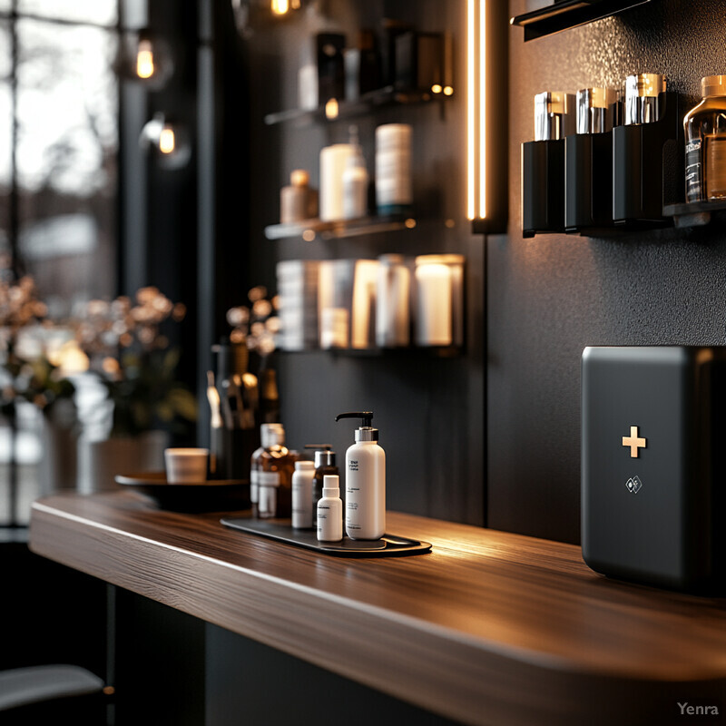 A well-lit room with a long wooden table and various beauty products, set against a dark-colored wall with an assortment of tools and accessories.