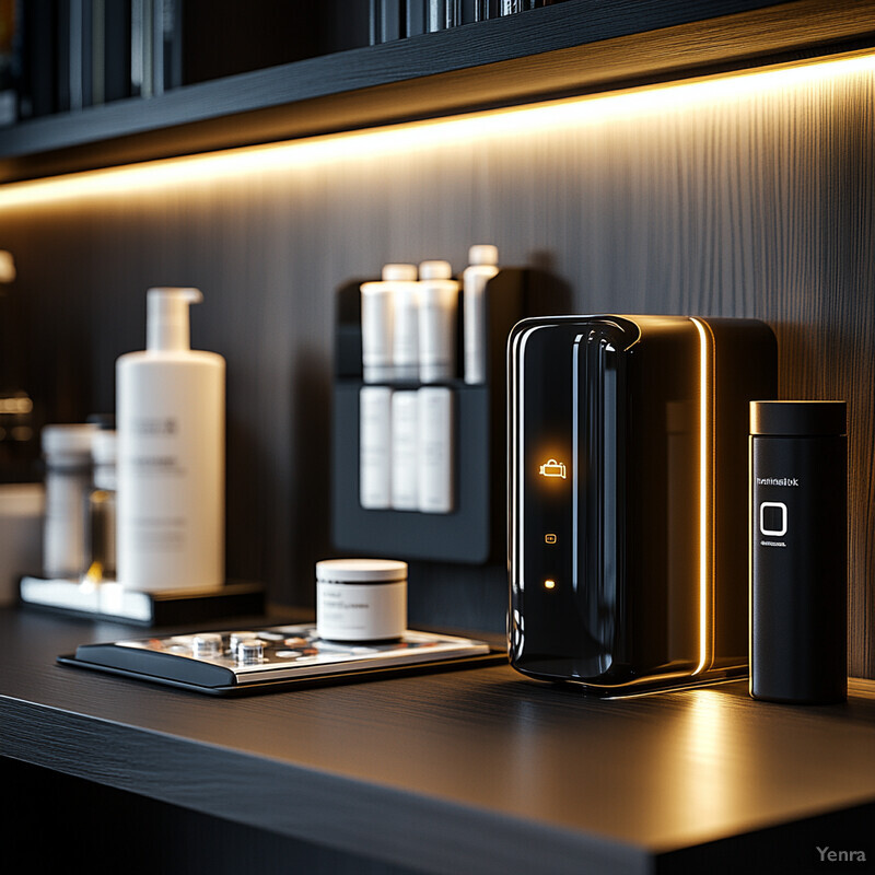 An Automated Refill Reminder on a dark-colored shelf in a bathroom or kitchen area.