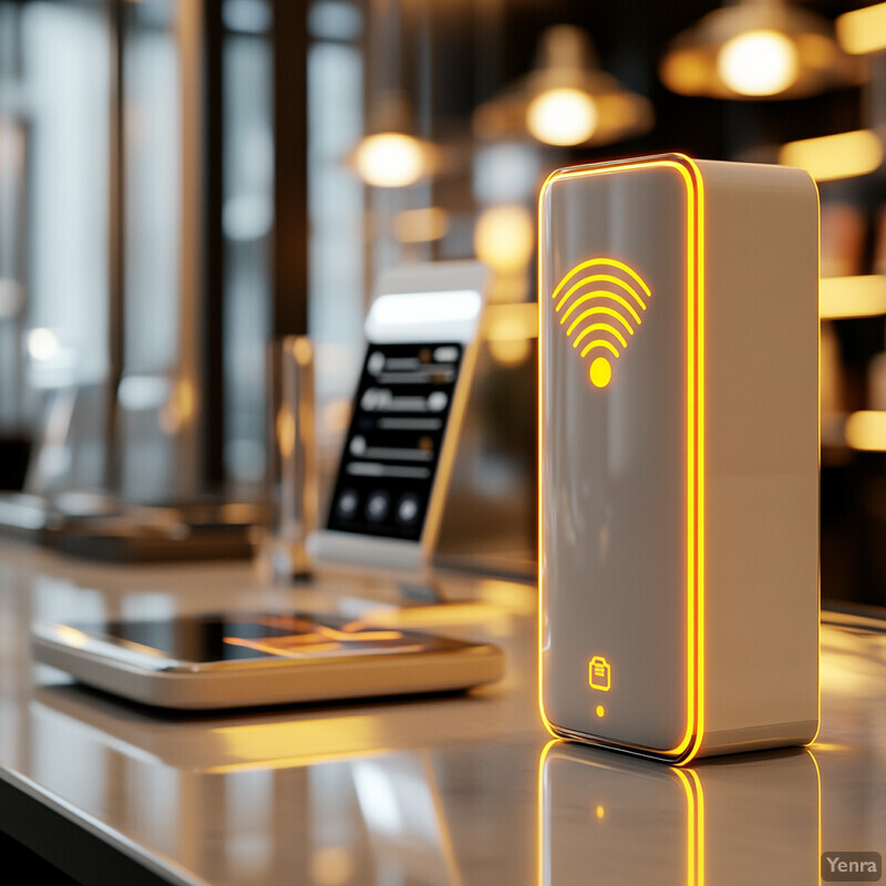 A white device with a yellow Wi-Fi symbol on its front, sitting on a table or countertop.