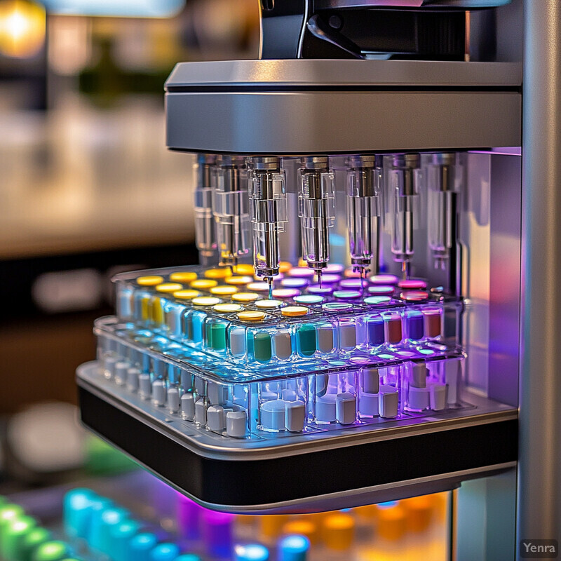 A complex prescription handling machine with multiple rows of small, cylindrical containers filled with various colored liquids.