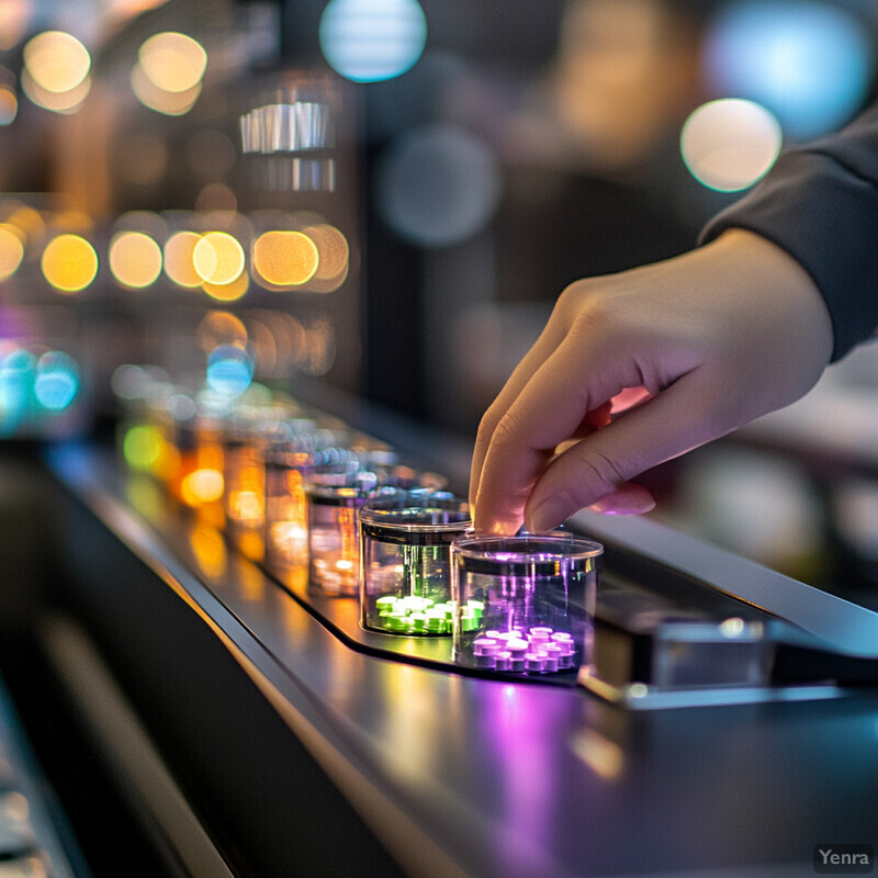 A person reaches out to touch a row of small containers with lids.