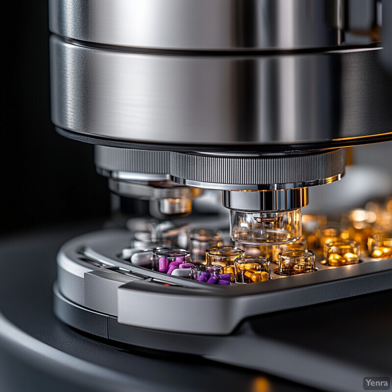 A close-up view of a metal machine with small containers inside, likely used for pharmaceutical purposes.