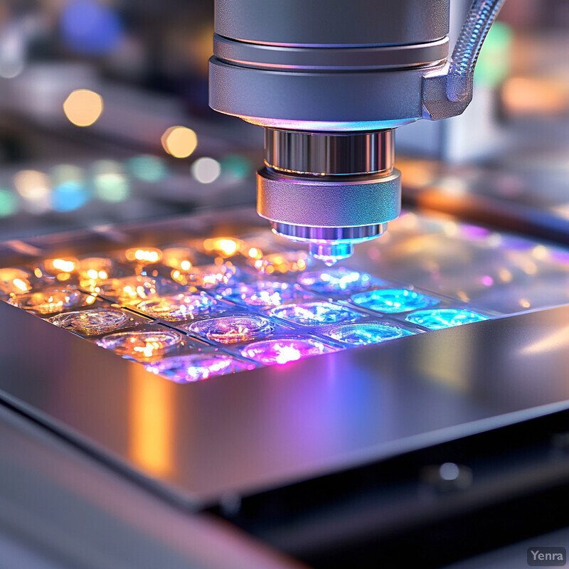 A microscope with a slide under it is illuminated by bright blue and purple lights in a laboratory setting.