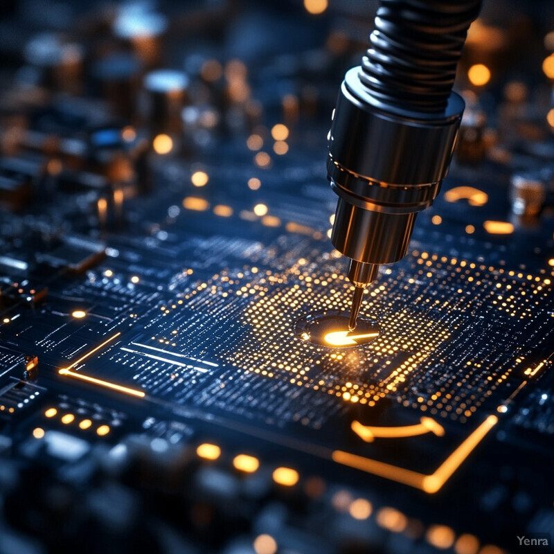 A close-up image of a microchip or circuit board featuring a metal object with a spiral-shaped tip.