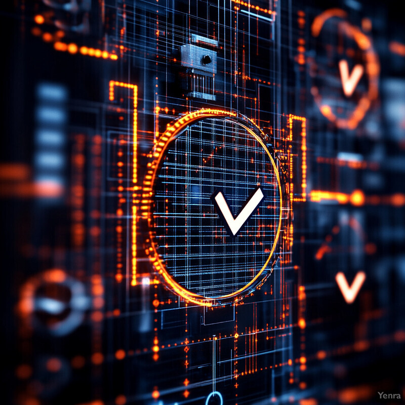 A digital representation of a circuit board or motherboard with orange and blue colors.