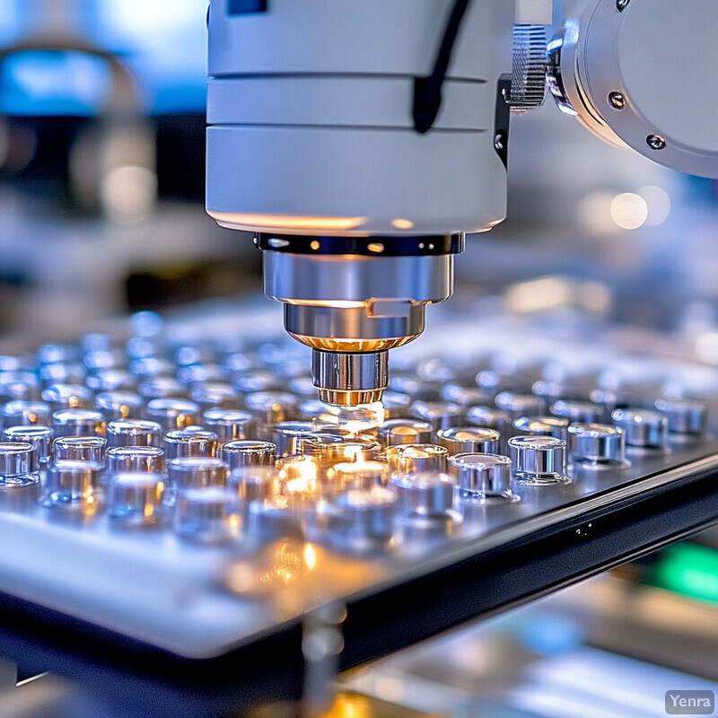 A machine with a silver body and gold tip is being used for precision tasks on top of a metal tray filled with small round objects.