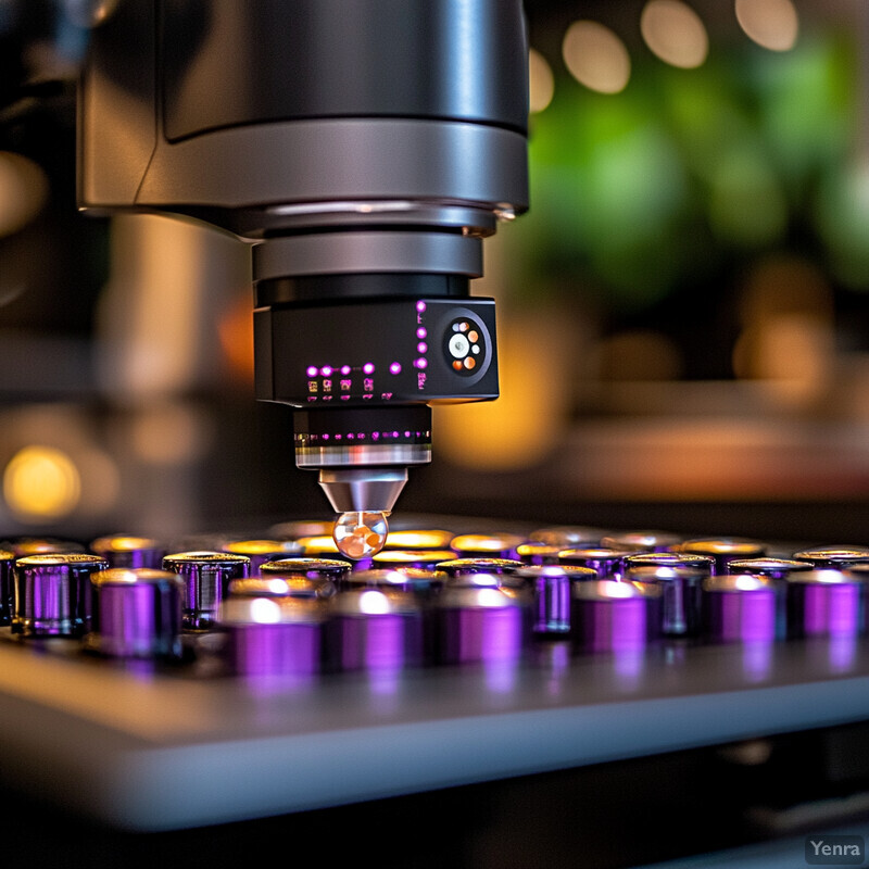 A machine with a silver cylindrical component and purple cylinders is used for drug selection or manufacturing.