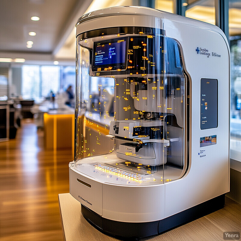 A large, white machine with a glass front and a black base in an office setting.