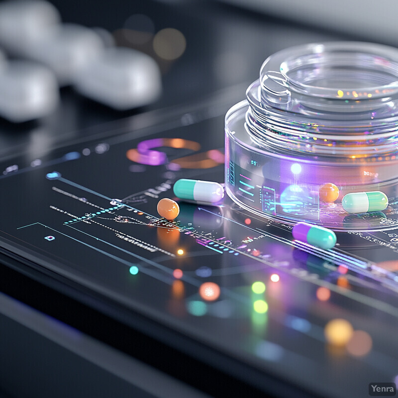 A close-up view of a glass jar containing pills and capsules on top of a tablet displaying a graph.