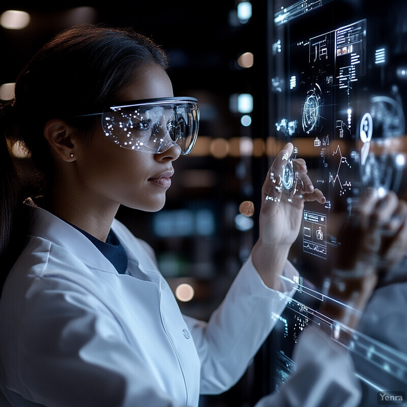 A woman in a lab coat examines a digital screen displaying graphs and charts.