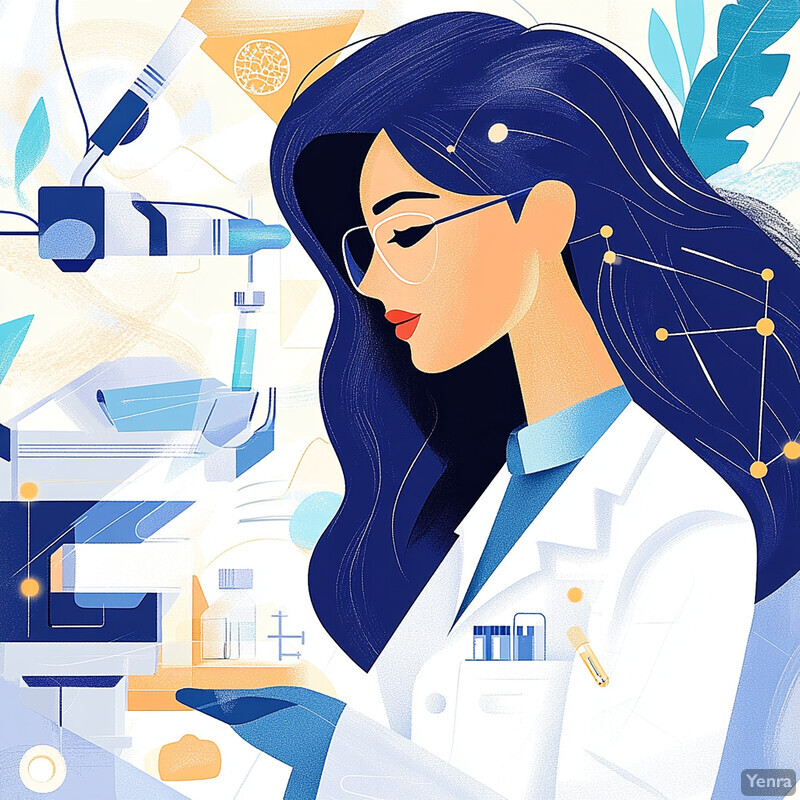 A woman in a white lab coat holds a petri dish and stands in front of scientific equipment.