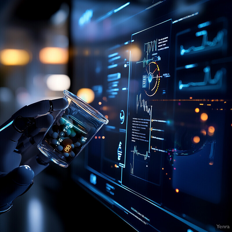 An AI or robotic arm is carefully pouring liquid from one beaker to another while displaying data on the screen behind it.