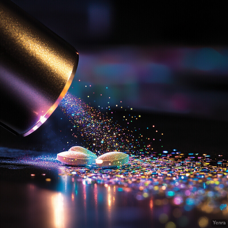 A dramatic scene where a spray bottle is spraying glitter onto three pills on a reflective surface.