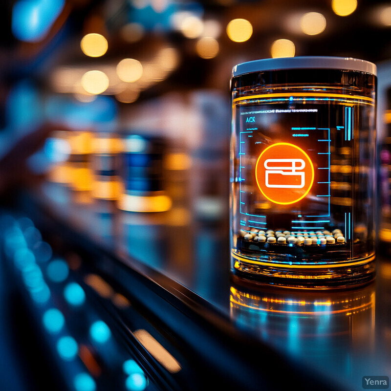 A futuristic-looking glass jar with an orange circle on it sits on a reflective surface in a blurred laboratory or workshop setting.