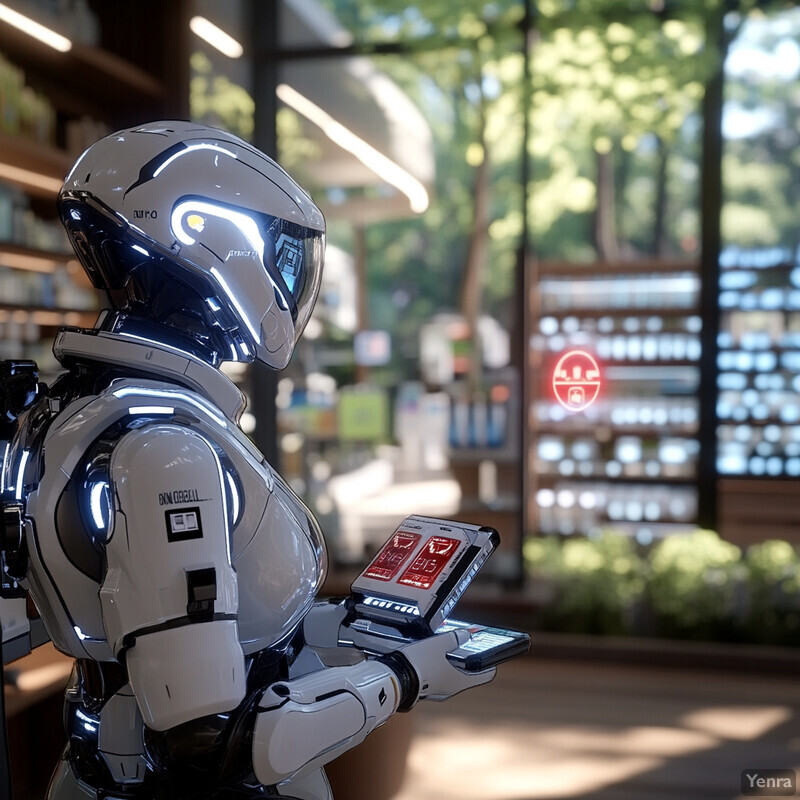 A humanoid robot stands in front of a store window, interacting with a smaller device that resembles a futuristic smartphone.