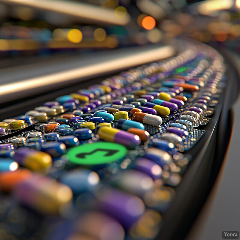 A large, curved surface covered in colorful pills and capsules.