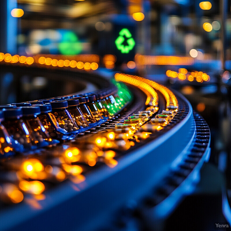 Rows of glass bottles on a conveyor belt in an industrial setting.