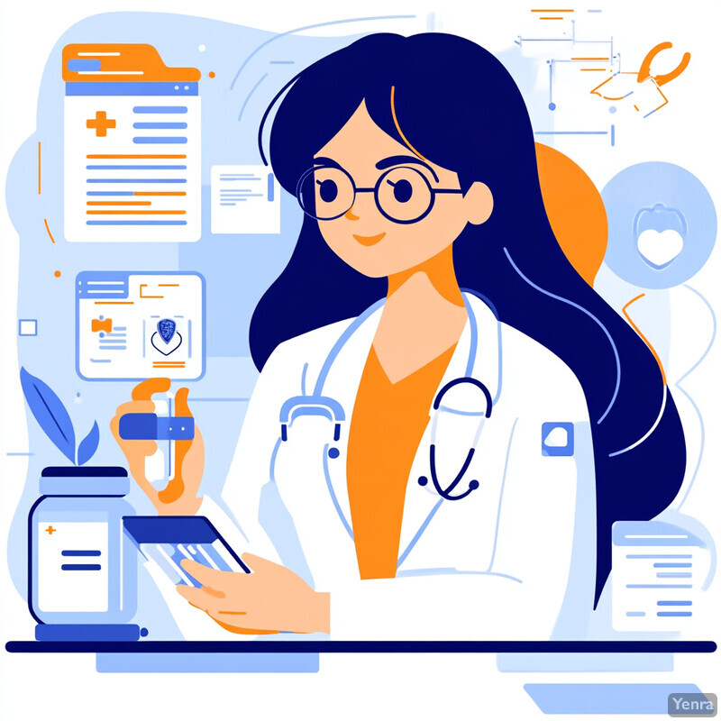 A cartoon-style illustration of a female doctor sitting at her desk, surrounded by various objects and symbols related to healthcare.