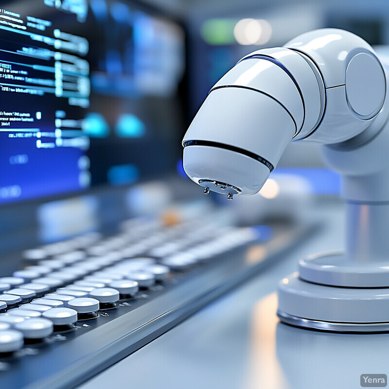 A robotic arm sits in an office environment surrounded by computer monitors and papers.